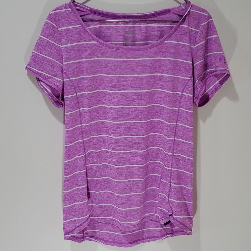 the North Face medium purple and white striped athletic short sleeve